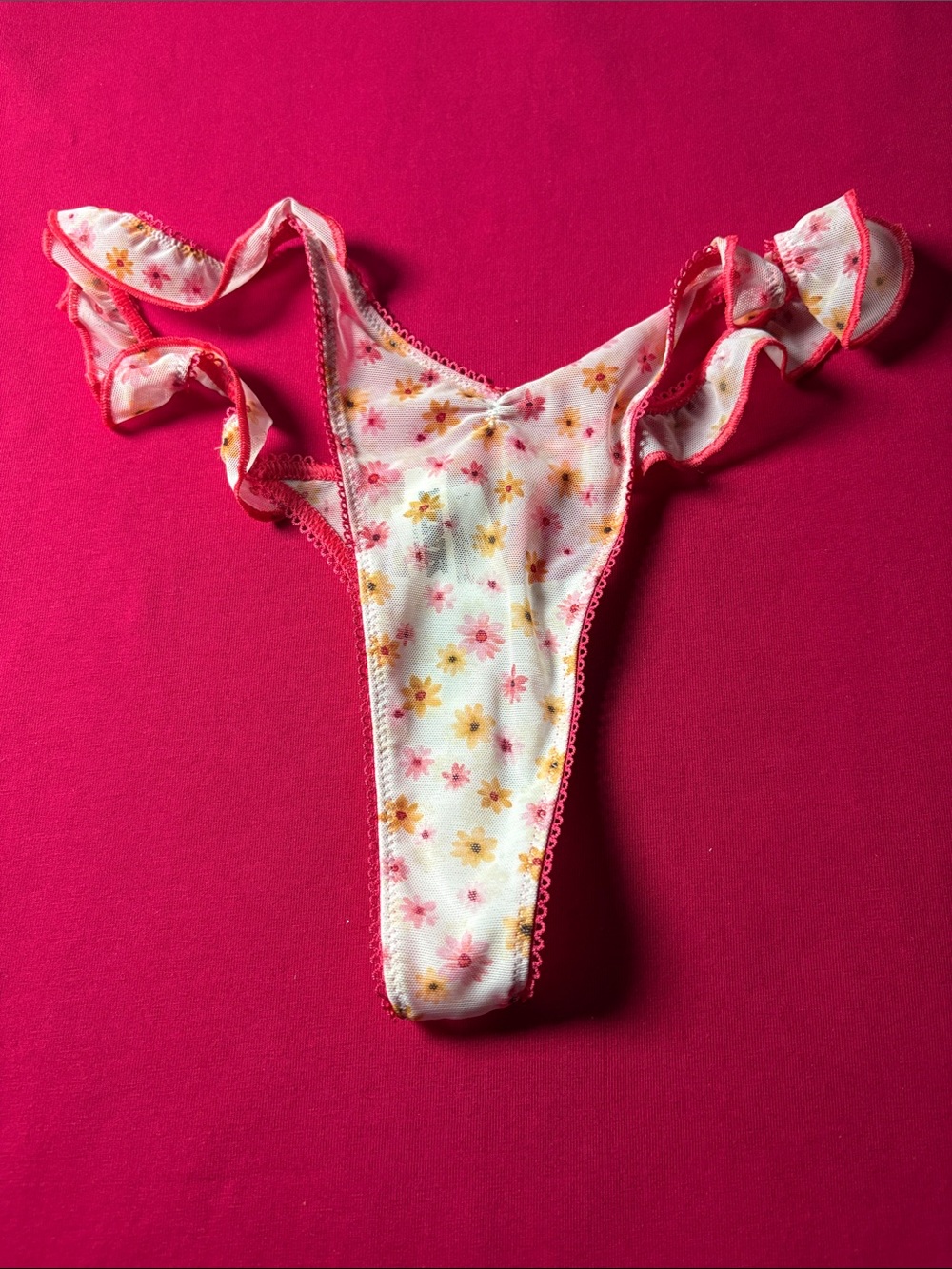 PINK Victoria's Secret White Floral Ruffle-Trim Thong